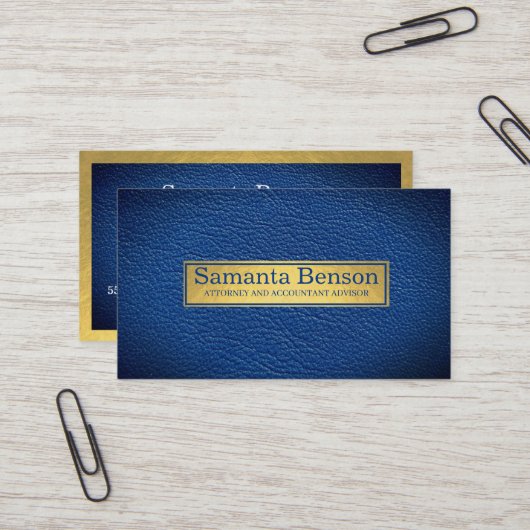 Carte De Visite Elegant Navy Blue Leather Gold Label Professional  (Devant/Arrière en situation)