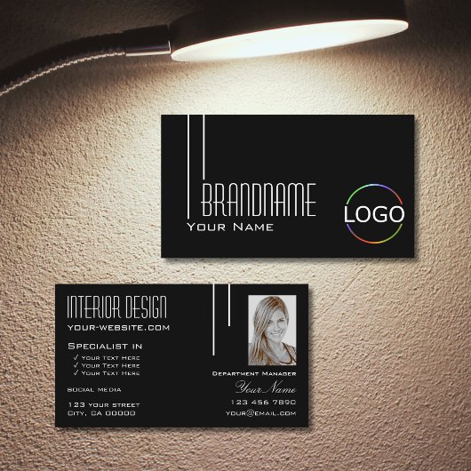 Carte De Visite Elégant noir blanc avec logo et photo professionne