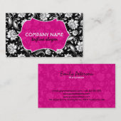 Carte De Visite Élégant Noir Blanc Et Rose Floral Damas (Devant / Derrière)