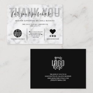 Carte De Visite Élégant Noir Blanc Marbre Logo Merci client