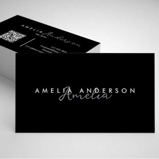 Carte De Visite Élégant Noir Blanc Script simple Code QR Business