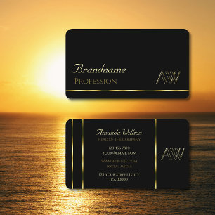 Carte De Visite Elégant noir brillant Gold Stripes avec Monogramm