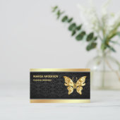 Carte De Visite Elégant Noir Chic Damask Faux Gold Foil Papillon (Debout devant)