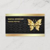 Carte De Visite Elégant Noir Chic Damask Faux Gold Foil Papillon (Devant)