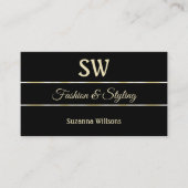 Carte De Visite Élégant Noir clair rayures dorées avec Monogramme (Devant)