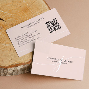 Carte De Visite Élégant noir clair rose de script Monogramme QR Co