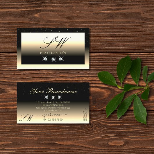 Carte De Visite Élégant Noir Crème Or Sparkle Diamonds Initiales