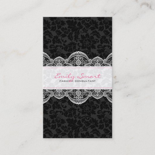 Carte De Visite Elégant noir Damas blanc dentelle (Devant)