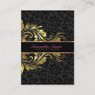 Carte De Visite Elégant noir Damas Or Floral dentelle