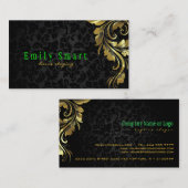 Carte De Visite Elégant noir Damas Or Floral dentelle 4 (Devant / Derrière)