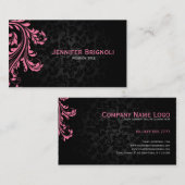 Carte De Visite Élégant noir Damas rose floral torse (Devant / Derrière)