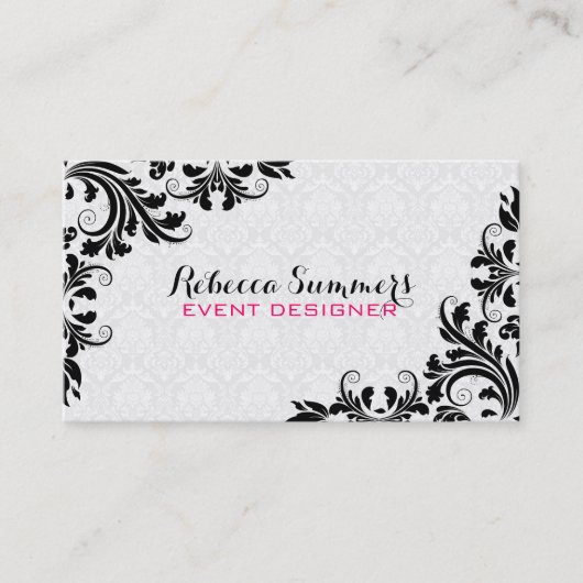 Carte De Visite Élégant noir dentelle blanc Damas (Devant)