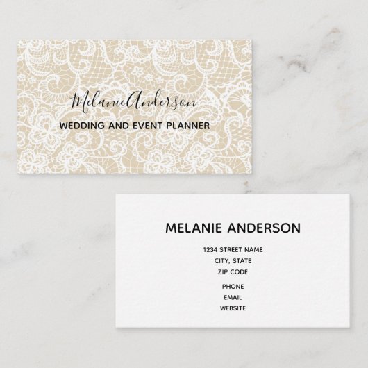 Carte De Visite Élégant noir dentelle blanche Script  (Devant / Derrière)