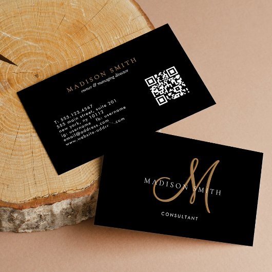 Carte De Visite Élégant Noir élégant Script Monogramme QR Code