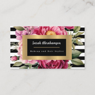 Carte De Visite Élégant noir et blanc rayé floral