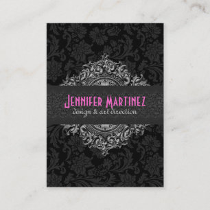 Carte De Visite Elégant noir et blanc Vintage Damas florales 3