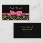 Carte De Visite Elégant noir et Faux or Damas Hot Pink Bow (Devant / Derrière)