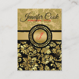 Carte De Visite Élégant Noir Et Métallique Or Floral Damas