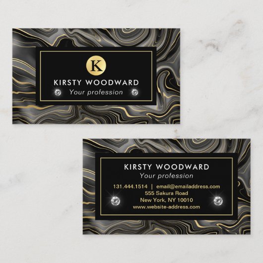 Carte De Visite Élégant Noir et Or Géode Strata Textures (Devant / Derrière)
