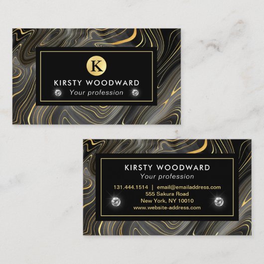 Carte De Visite Élégant Noir et Or Géode Strata Textures (Devant / Derrière)