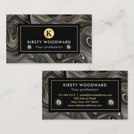 Carte De Visite Élégant Noir et Or Géode Strata Textures (Devant / Derrière)