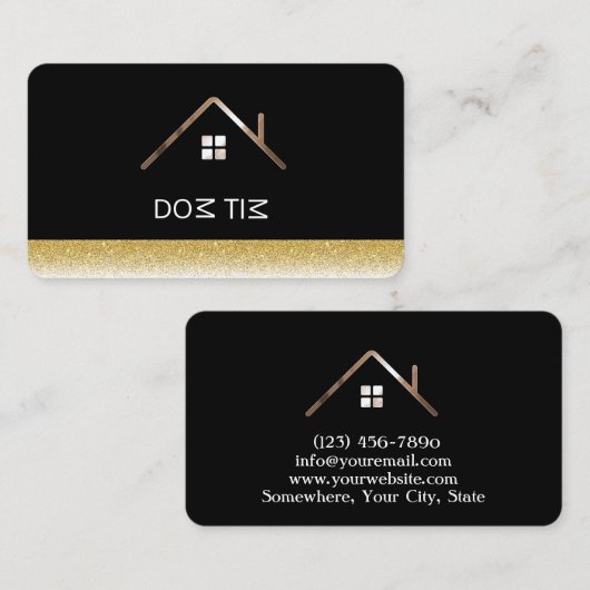 Carte De Visite Elégant noir et or, maison (Devant / Derrière)
