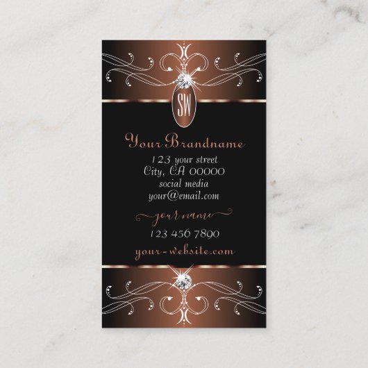 Carte De Visite Élégant noir et ornement Brown Monogramme (Dos)