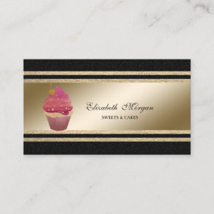 Carte De Visite Elégant Noir, Faux Gold Glittery Stripes Cupcake