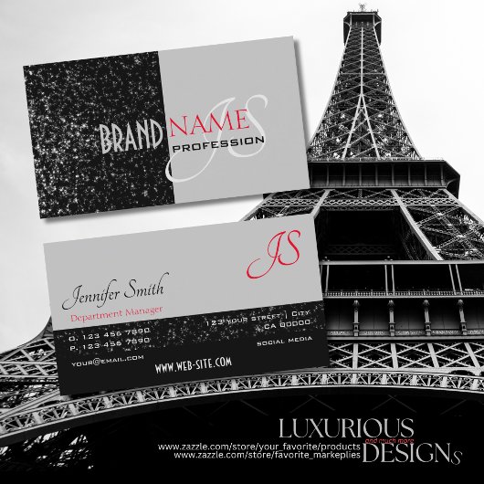 Carte De Visite Élégant noir gris minuscule étoile rayée Initiales