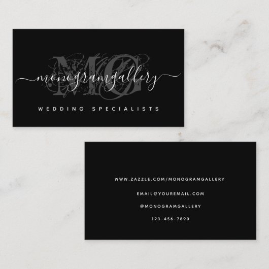 Carte De Visite Élégant noir Luxe Glam Script Monogramme (Devant / Derrière)