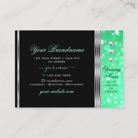 Carte De Visite Elégant noir Mint Green Diamants de Parties scinti (Dos)