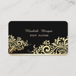 Carte De Visite Élégant noir moderne, floral doré faux