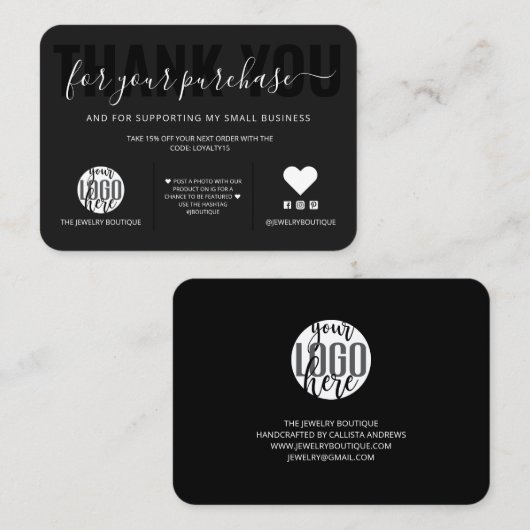 Carte De Visite Élégant noir noir noir logo logo Merci client (Devant / Derrière)