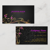 Carte De Visite Élégant noir & or à spirale rose (Devant / Derrière)
