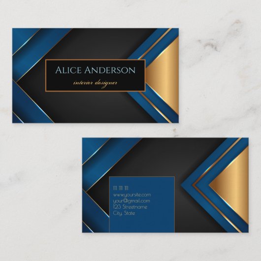 Carte De Visite Elégant noir or bleu rayures design géométrique (Devant / Derrière)