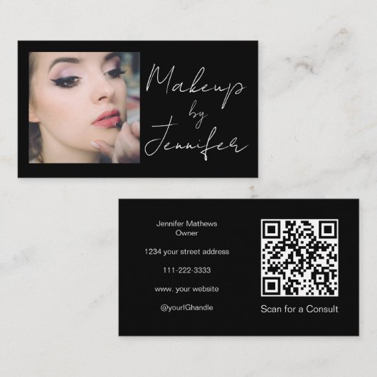 Carte De Visite Élégant noir Script QR Code maquillage photo (Devant / Derrière)