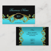 Carte De Visite Élégant noir Turquoise bleu or floral (Devant / Derrière)