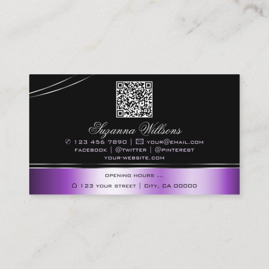 Carte De Visite Élégant Noir Violet Lignes Courbées Monogramme QR  (Dos)