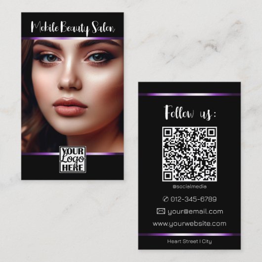 Carte De Visite Élégant noir violet logo photo QR Code Modèle (Devant / Derrière)
