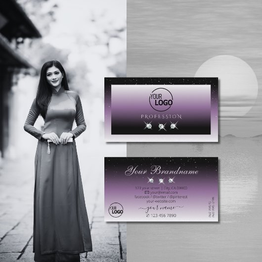 Carte De Visite Élégant Noir Violet Ombre Bijoux Éparkle Ajouter L