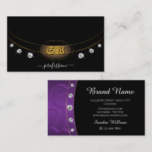 Carte De Visite Elégant noir violet or avec diamants Monogram