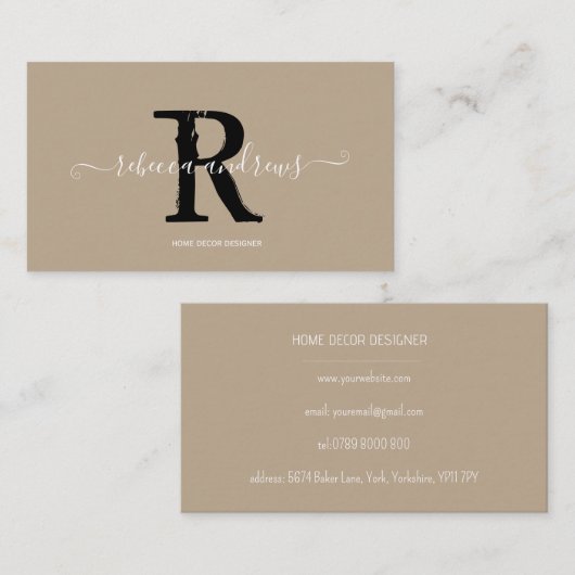 Carte De Visite Élégant Nom du script de monogramme Taupe initiale (Devant / Derrière)