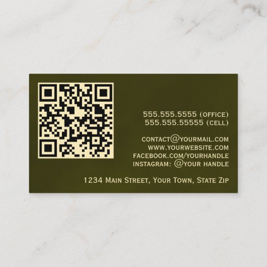 Carte De Visite Elégant Olive Green & Gold Professional QR Code (Dos)