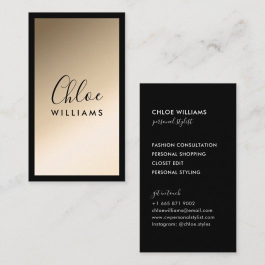 Carte De Visite Élégant or chic ombre dégradé noir script (Devant / Derrière)