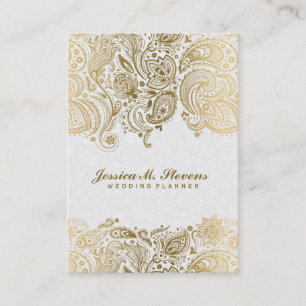 Carte De Visite Elégant Or Et Blanc Paisley 3 Wedding planner