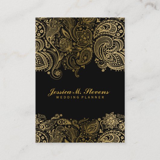Carte De Visite Elégant Or Et Noir Paisley 3 Wedding planner (Devant)