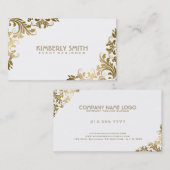Carte De Visite Elégant or floral dentelle Arrière - plan blanc (Devant / Derrière)