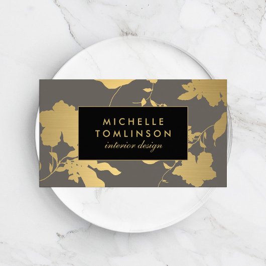 Carte De Visite Elégant or Floral Motif Gris Designer