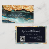 Carte De Visite Elégant or Turquoise Marbre Agate Géode QR Code (Devant / Derrière)