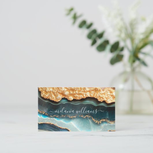 Carte De Visite Elégant or Turquoise Marbre Agate Géode QR Code (Debout devant)